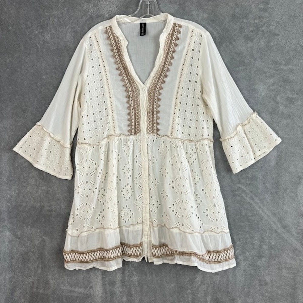 Me 2 Magic Eyelet Blouse Womens L Bell Sleeve Boho Cottagecore Peasant